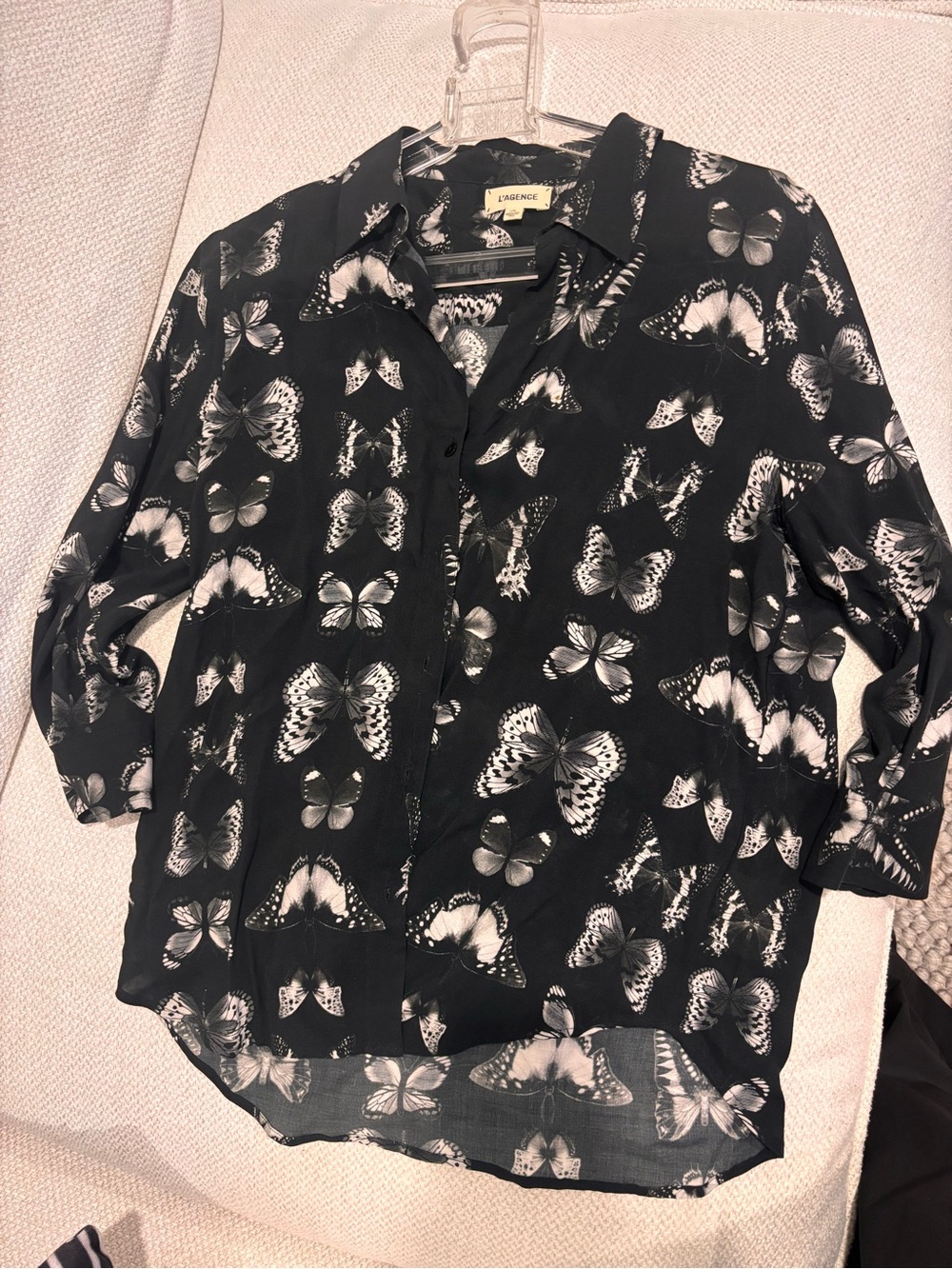 L'AGENCE Black Blouse with White Butterfly Print size L
